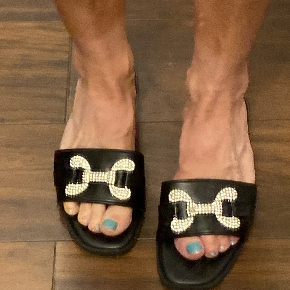 Black Slide Sandals with Rhinestone Detail